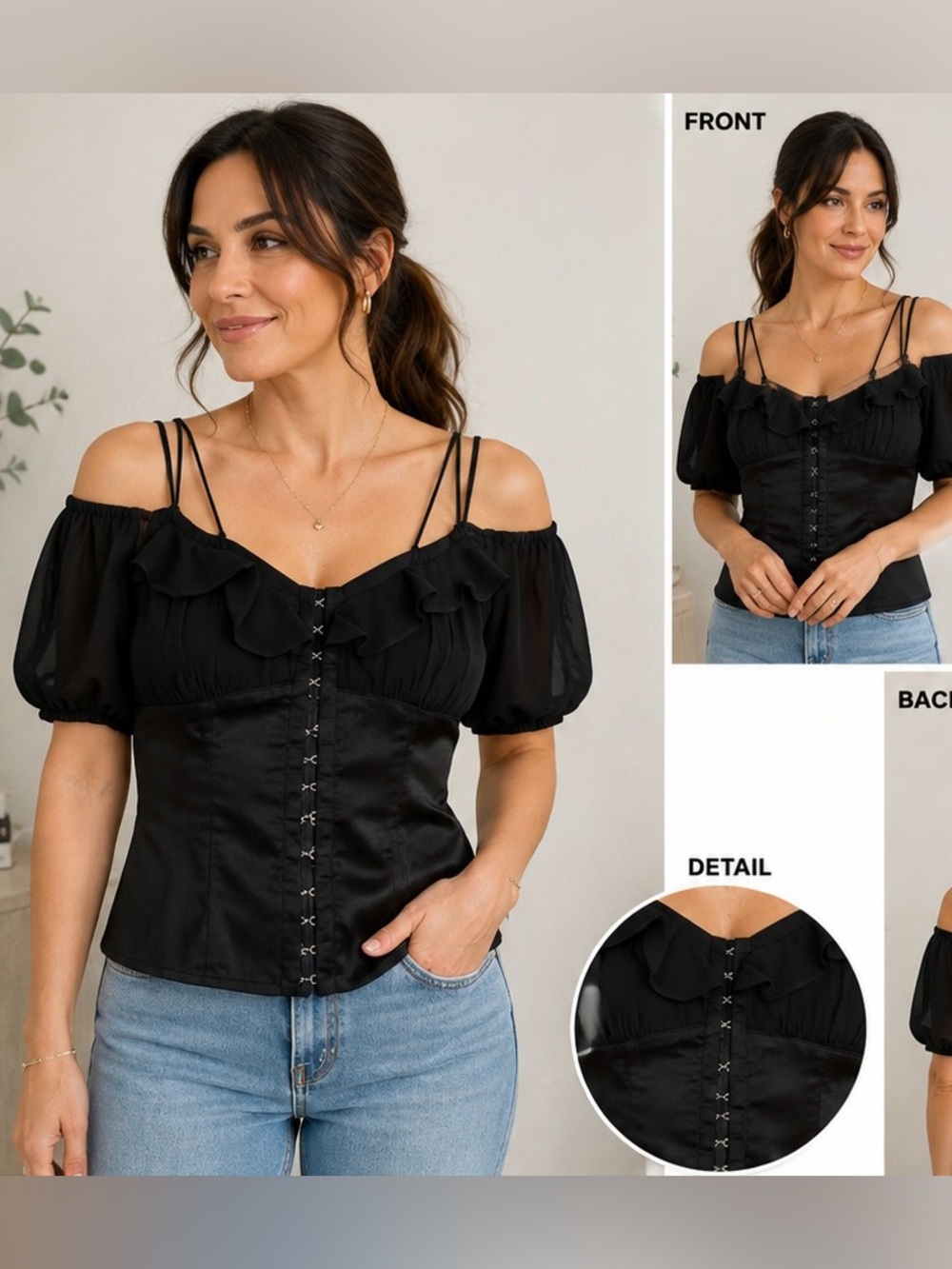 Guess by Marciano Black Off-Shoulder Ruffle Corset Top with Double Straps